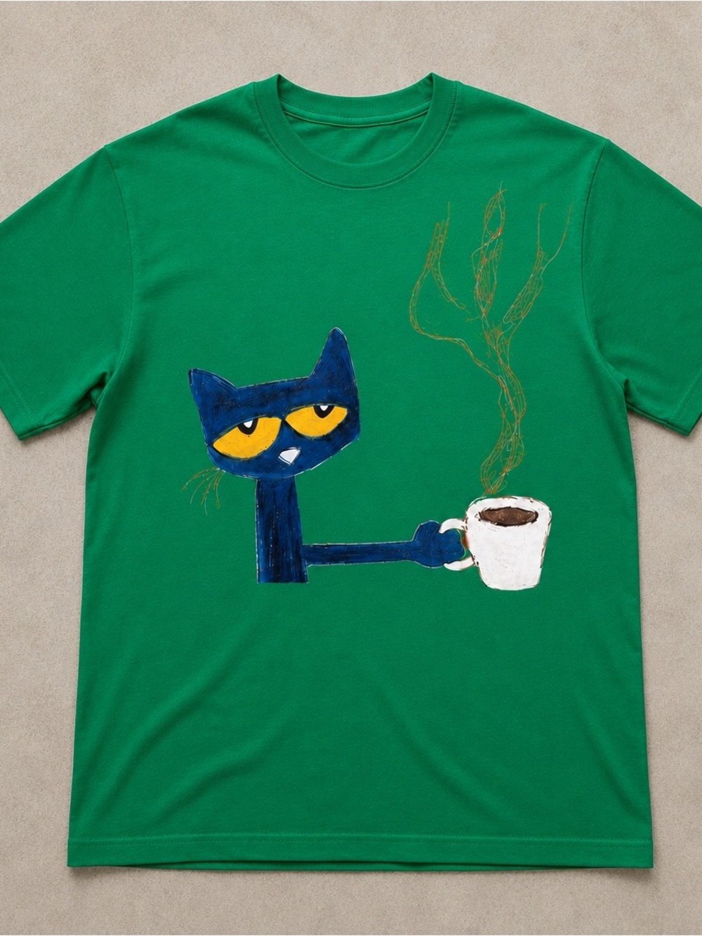 Gildan Green Tee with Blue Cat & White Coffee Cup Graphic